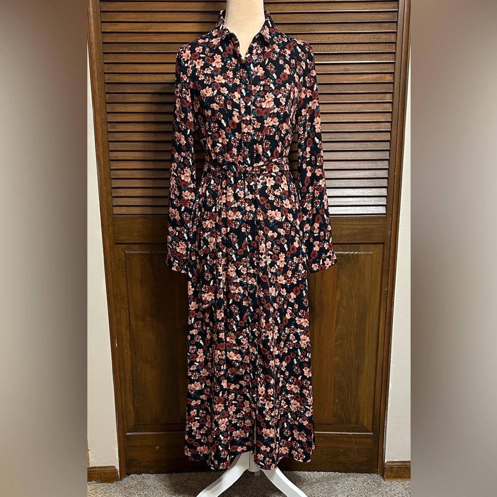 Elle Black Floral Long Sleeve Button Front Midi Shirt Dress Size XS